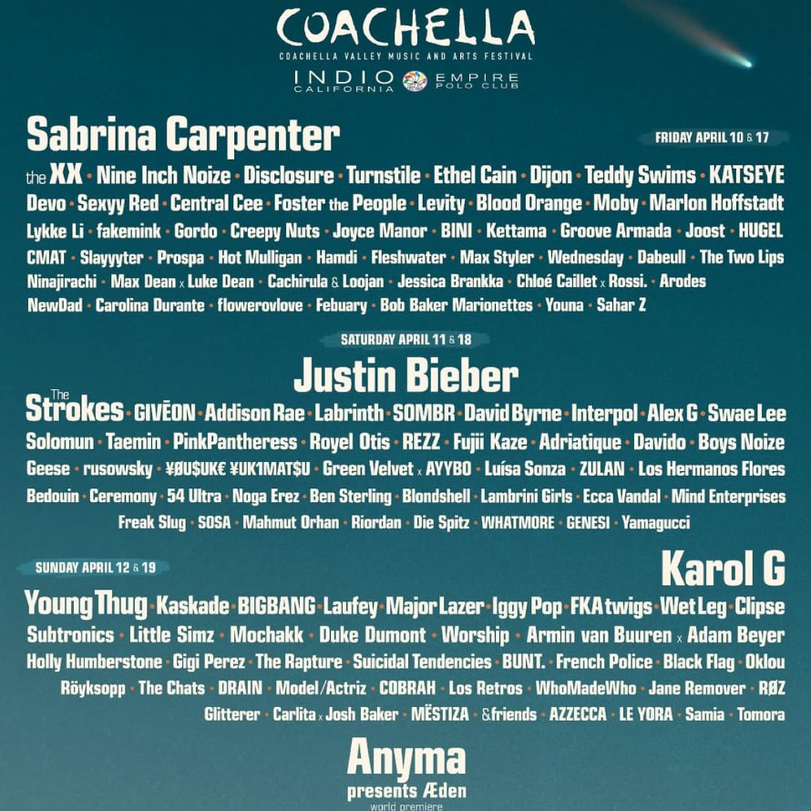 Justin Bieber, Sabrina Carpenter, Karol G, Anyma to Headline Coachella 2026  ? Exclaim!